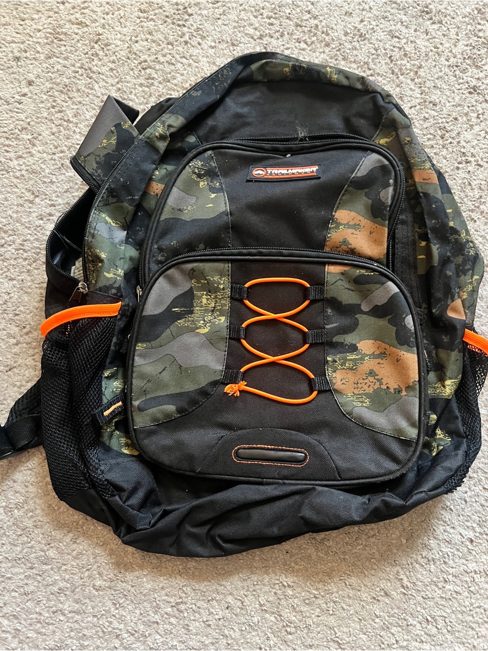 Camo Black & Green Kids Backpack with Orange Accents